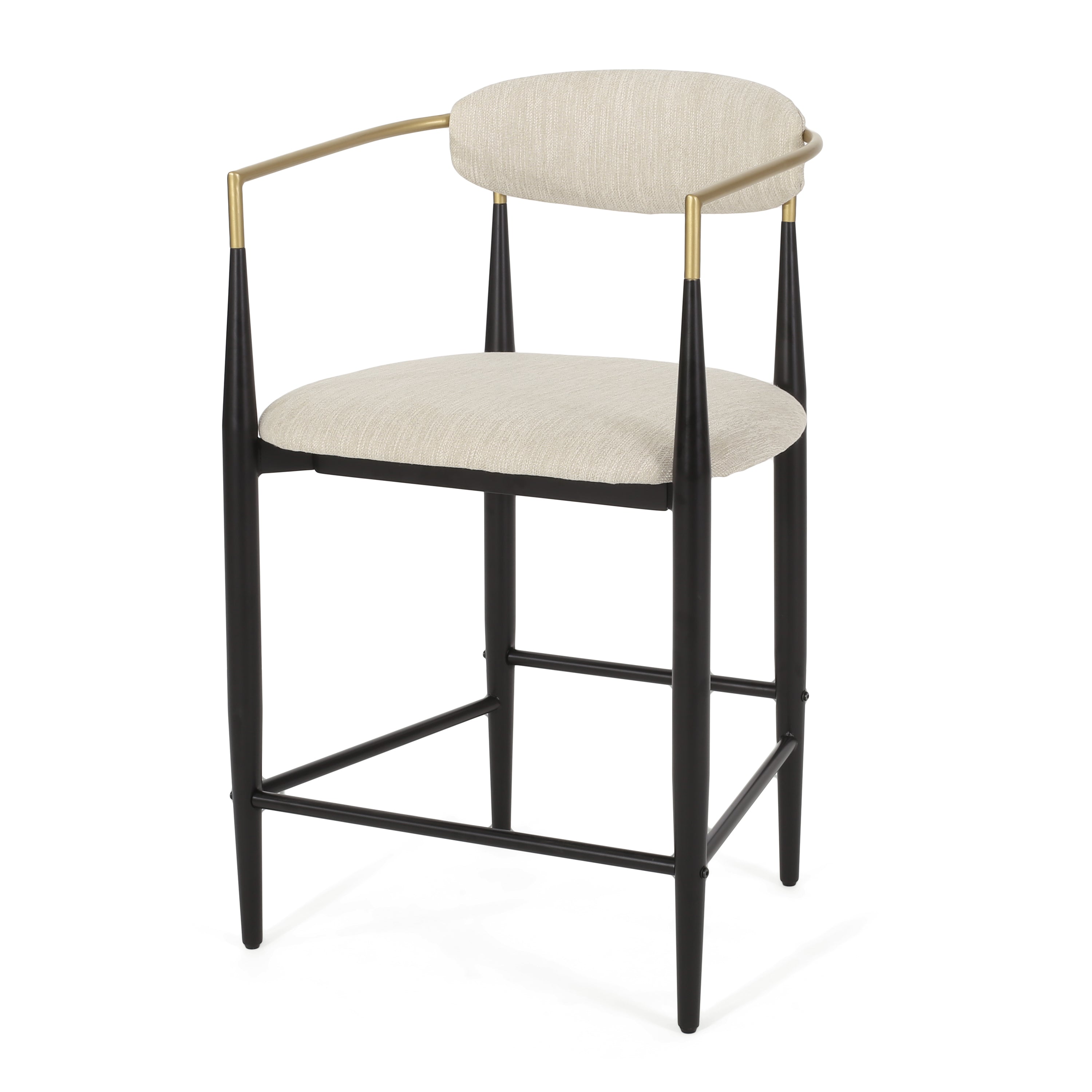 Angled view of modern counter stool showing beige upholstery, gold armrest, and tapered black iron legs.