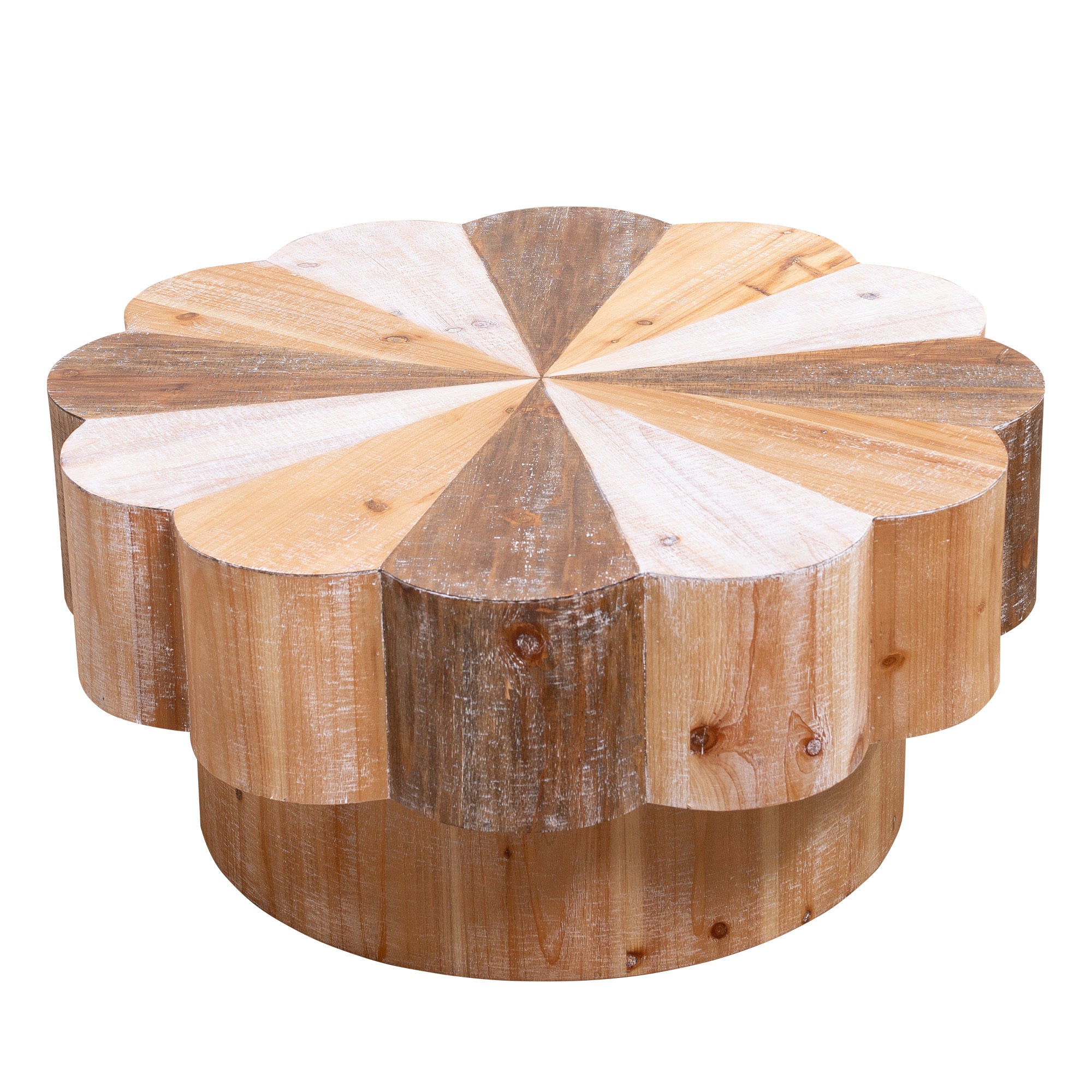 Rustic flower-shaped coffee table made of manufactured wood with a vintage distressed finish, ideal for living room centerpieces.