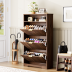 Walnut Shoe Cabinet with Flip Drawers for Entryway Storage