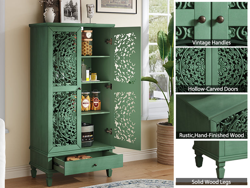 Antique Green Storage Cabinet - 55'' Tall w/ Drawer showcasing vintage handles, carved doors, and rustic hand-finished wood.