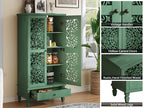 Antique Green Storage Cabinet - 55'' Tall w/ Drawer showcasing vintage handles, carved doors, and rustic hand-finished wood.