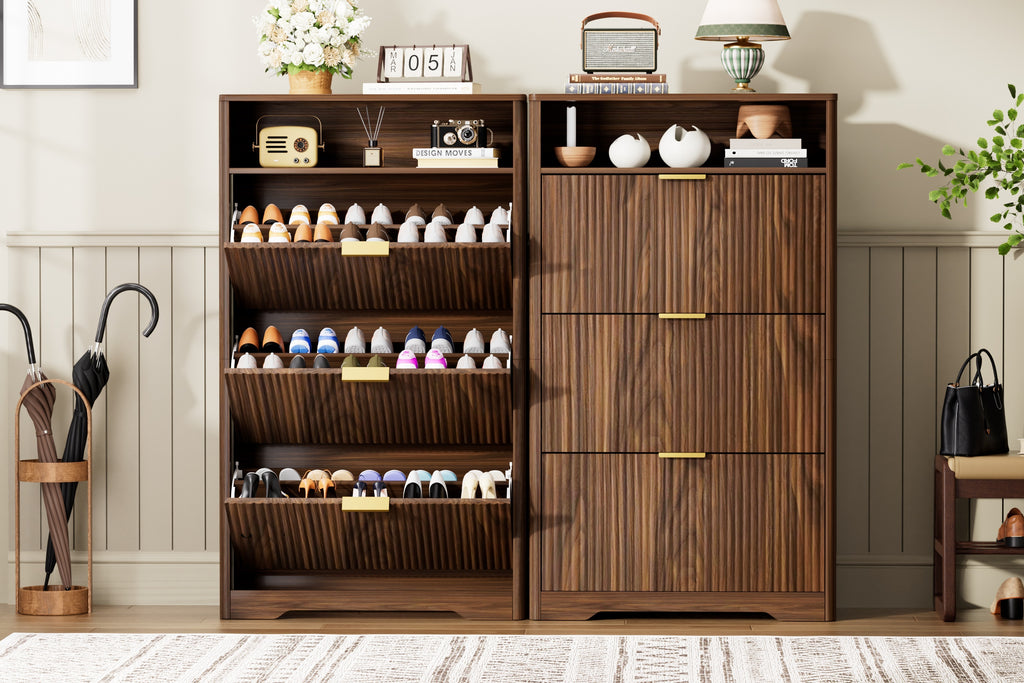 Walnut Shoe Cabinet with Flip Drawers for Entryway Storage