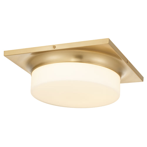 Close-up of 13-in Antique Brass LED Flush Mount Light Fixture with square brass base and round frosted diffuser, ideal for modern interiors.