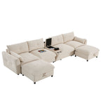 Modular sectional sofa with open console storage and cup holders, offering tech-friendly and organized seating.