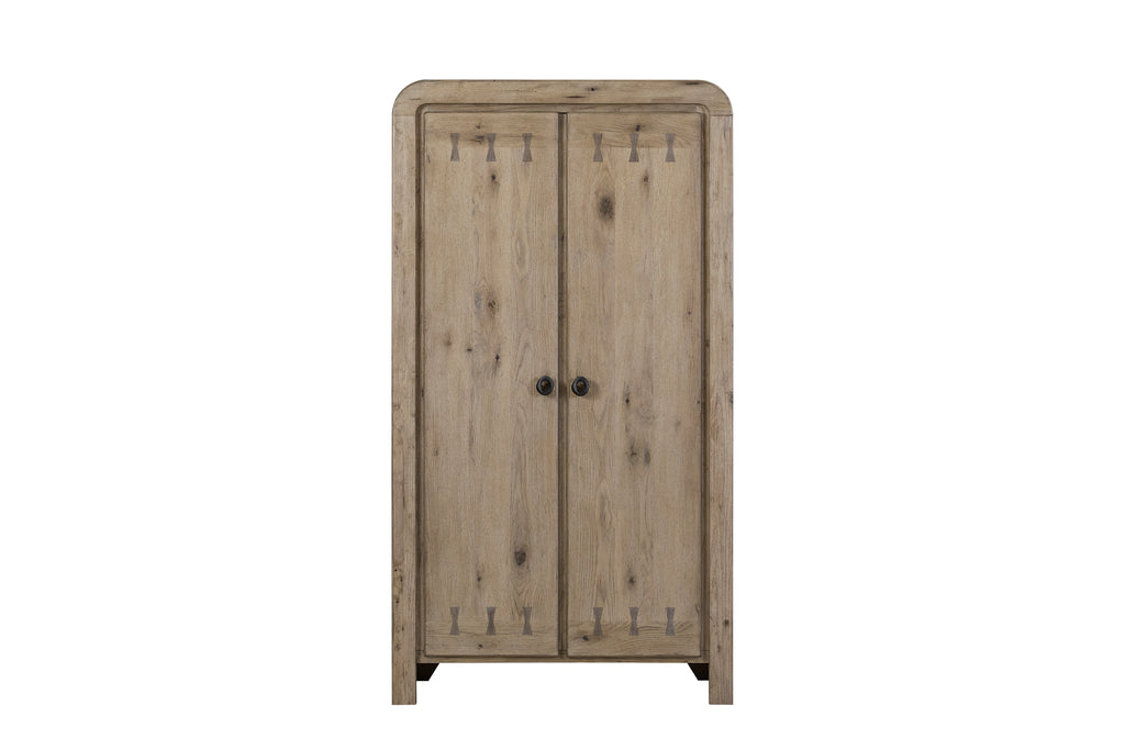 Front view of Solid Wood Knotty Oak Armoire with closed doors, showcasing rustic wood texture and minimalist hardware.
