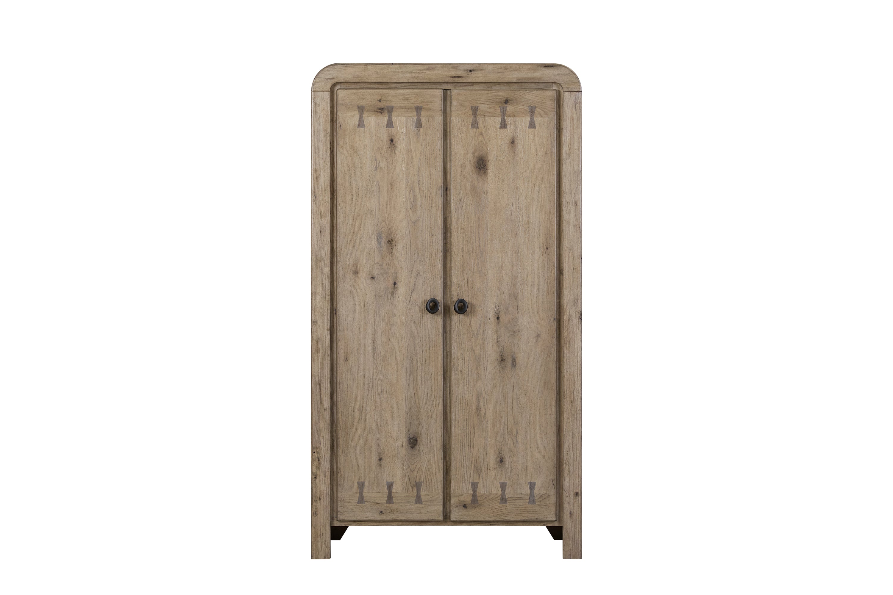 Front view of Solid Wood Knotty Oak Armoire with closed doors, showcasing rustic wood texture and minimalist hardware.