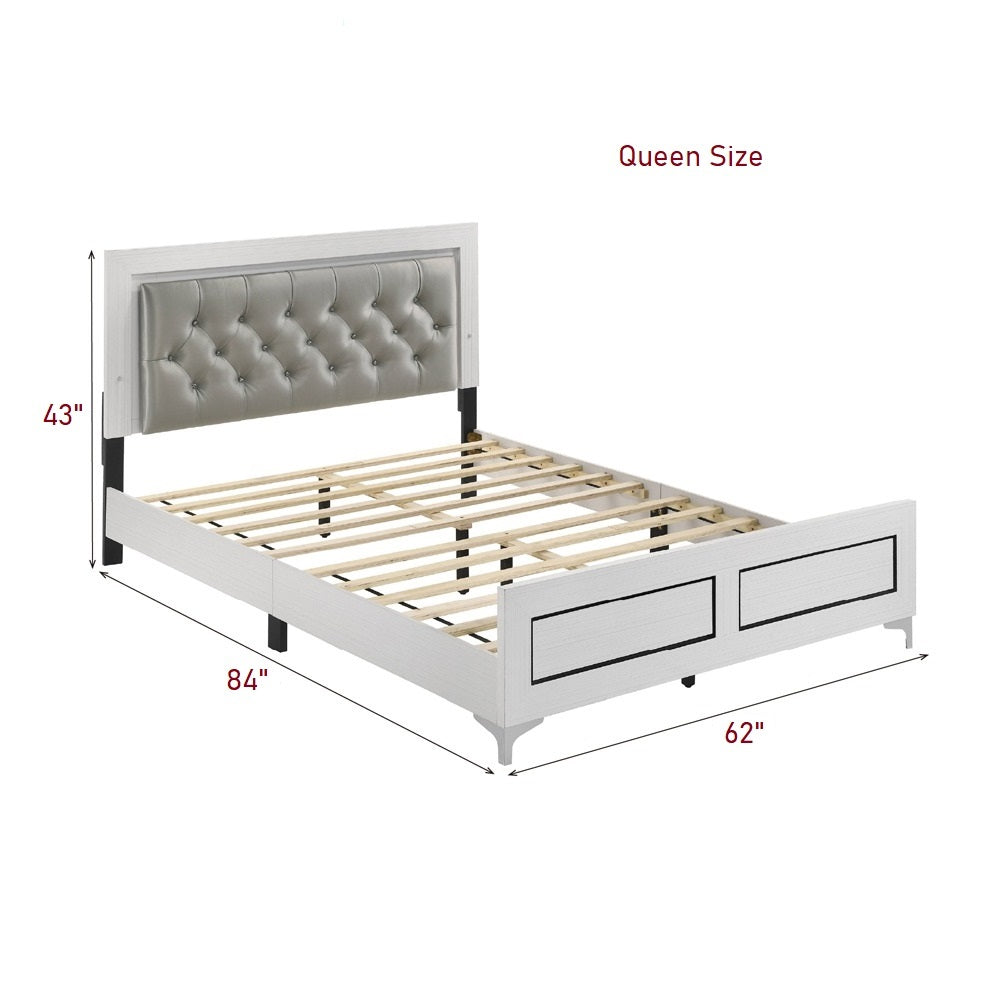 Queen platform bed dimensions with LED headboard, measuring 84 inches long, 62 inches wide, and 43 inches high, in white and gray finish.