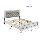 Queen platform bed dimensions with LED headboard, measuring 84 inches long, 62 inches wide, and 43 inches high, in white and gray finish.