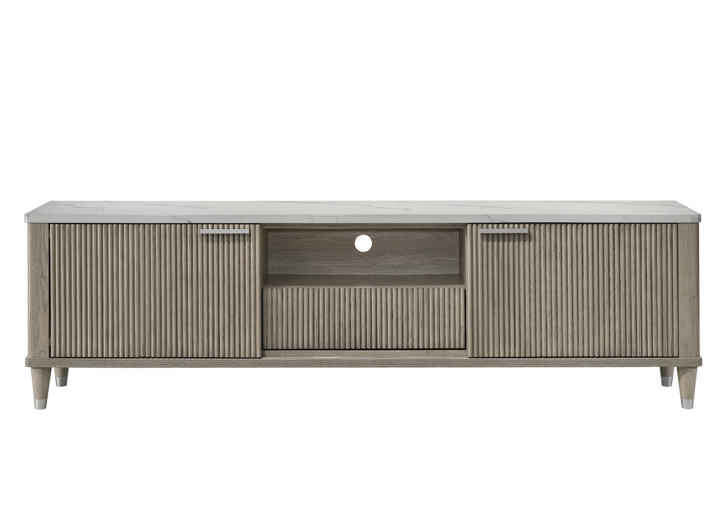 Modern media console with faux marble top, ribbed driftwood-finish doors, open shelving, and tapered legs.