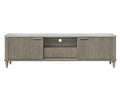 Modern media console with faux marble top, ribbed driftwood-finish doors, open shelving, and tapered legs.