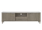 Modern media console with faux marble top, ribbed driftwood-finish doors, open shelving, and tapered legs.