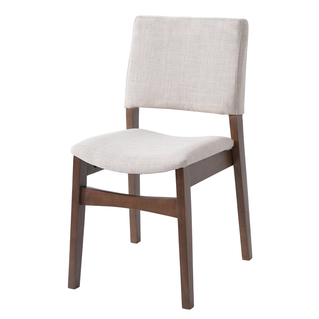 Angled view of a modern upholstered dining chair with walnut wood legs, ideal for the Modern Dining Set - Chairs & Table Walnut Finish.