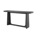 Black solid wood console table with a minimalist farmhouse design, featuring a raised tray top and tapered side panels.