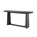 Black solid wood console table with a minimalist farmhouse design, featuring a raised tray top and tapered side panels.