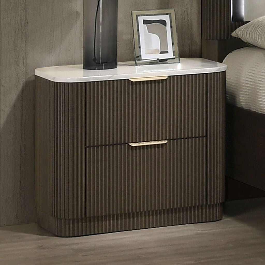 Dark Walnut Nightstand with Marble Top for Contemporary Bedrooms.