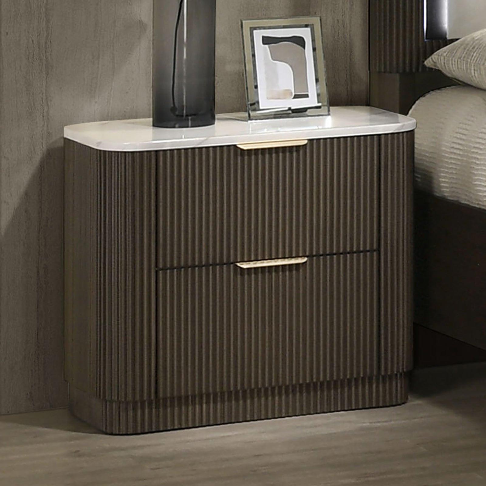 Dark Walnut Nightstand with Marble Top for Contemporary Bedrooms.