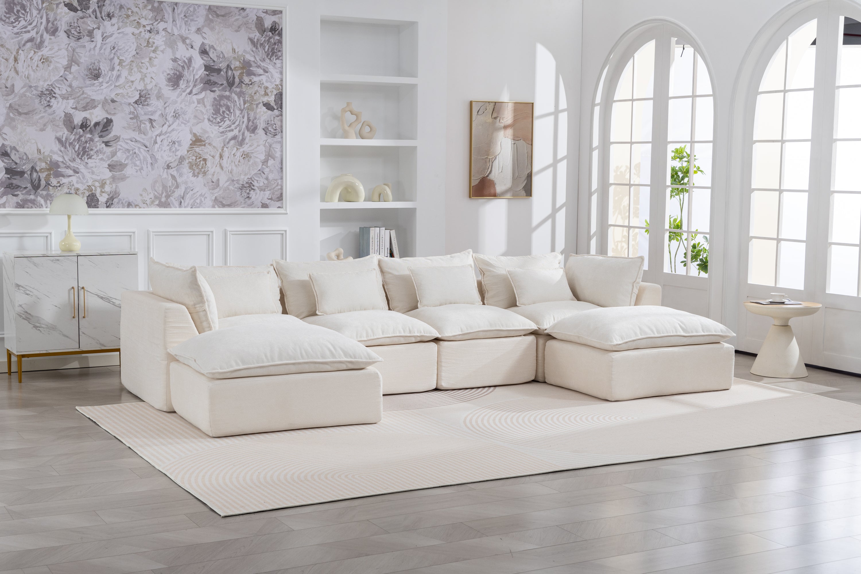 Oversized 130-Inch Antique White Velvet 4-Seater Modular Sofa