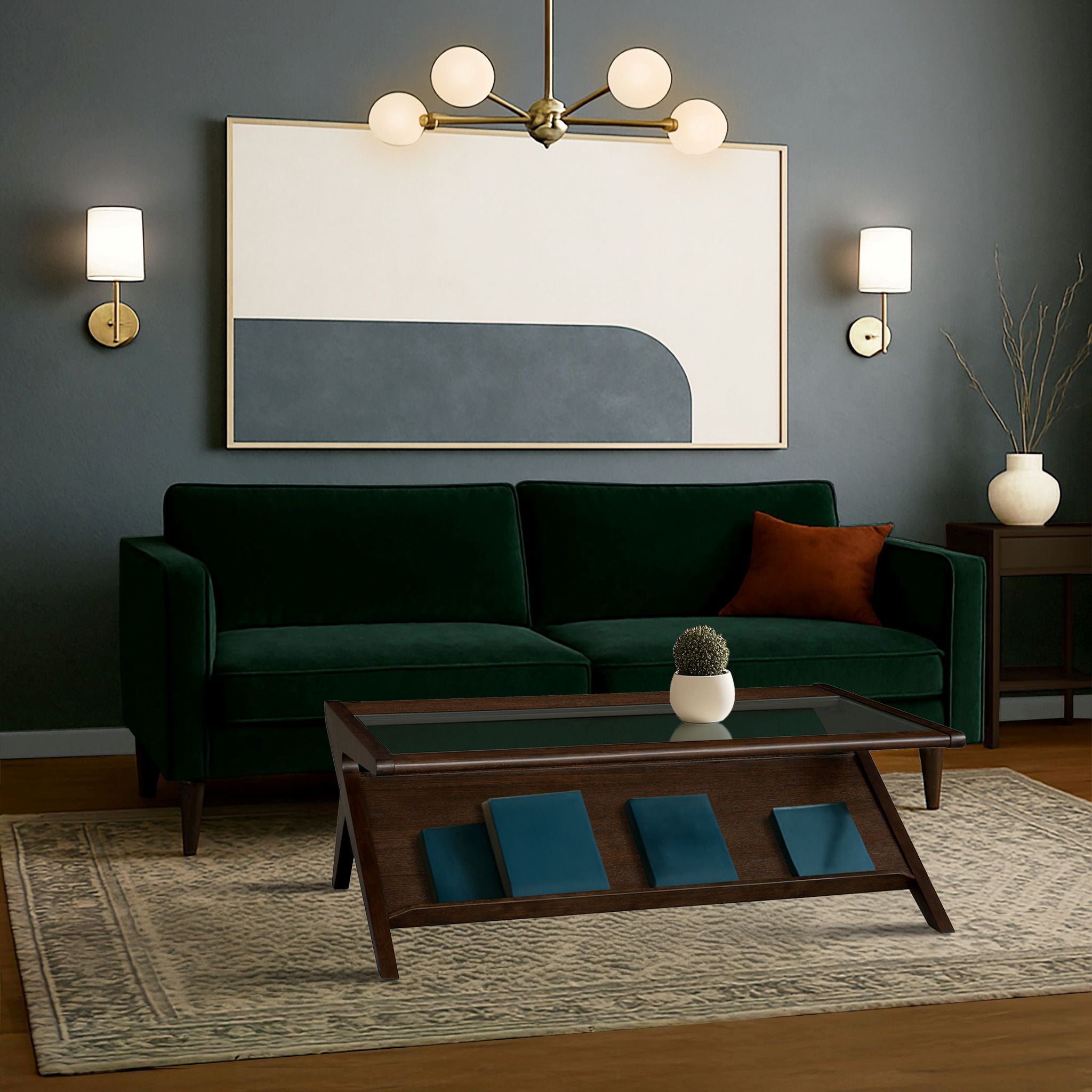 Mid-Century Modern Coffee Table in Morocco Brown placed in a moody modern living room with dark green sofa and geometric wall art.