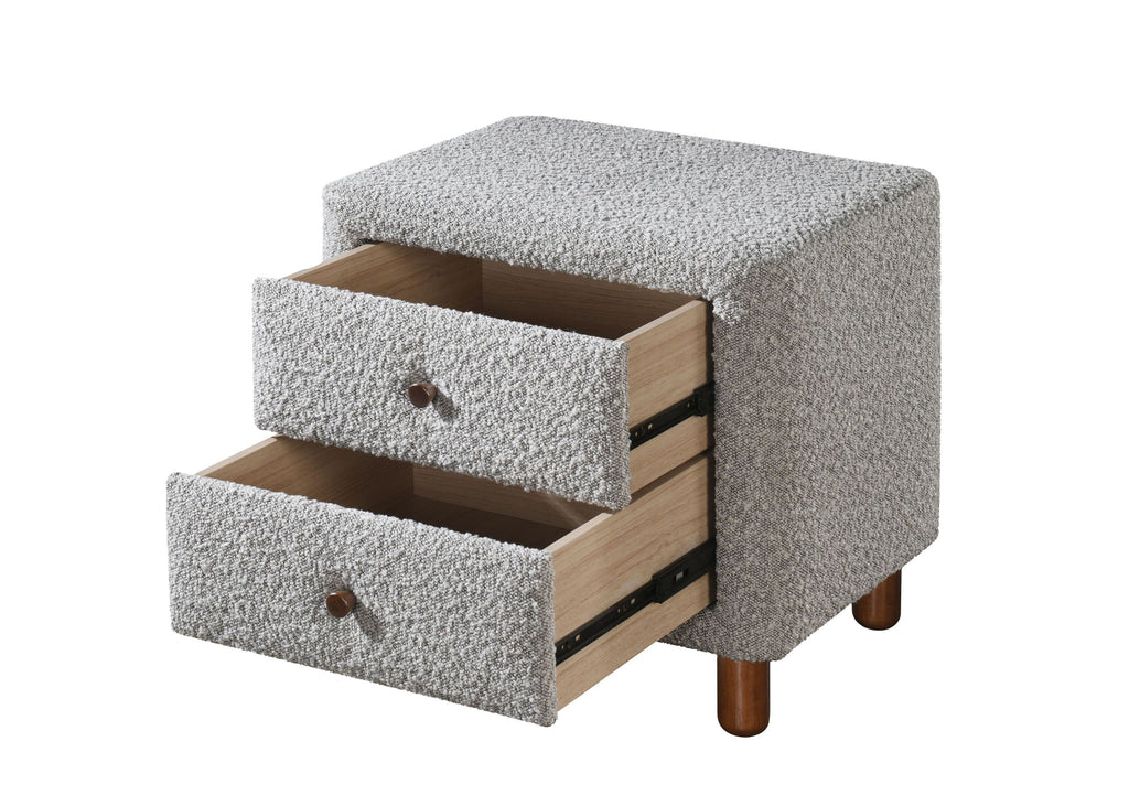 Cleo Gray Boucle Nightstand with open drawers showing wood interior. Elegant bedroom furniture with full-extension drawer glides.