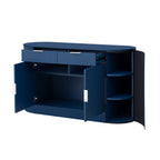 Modern MDF storage cabinet with all compartments open, including curved side shelves and central storage area.