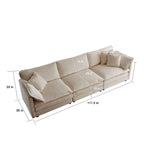 Full dimensions of 3-seat beige chenille sectional sofa. Spacious and breathable fabric ideal for modern living rooms.