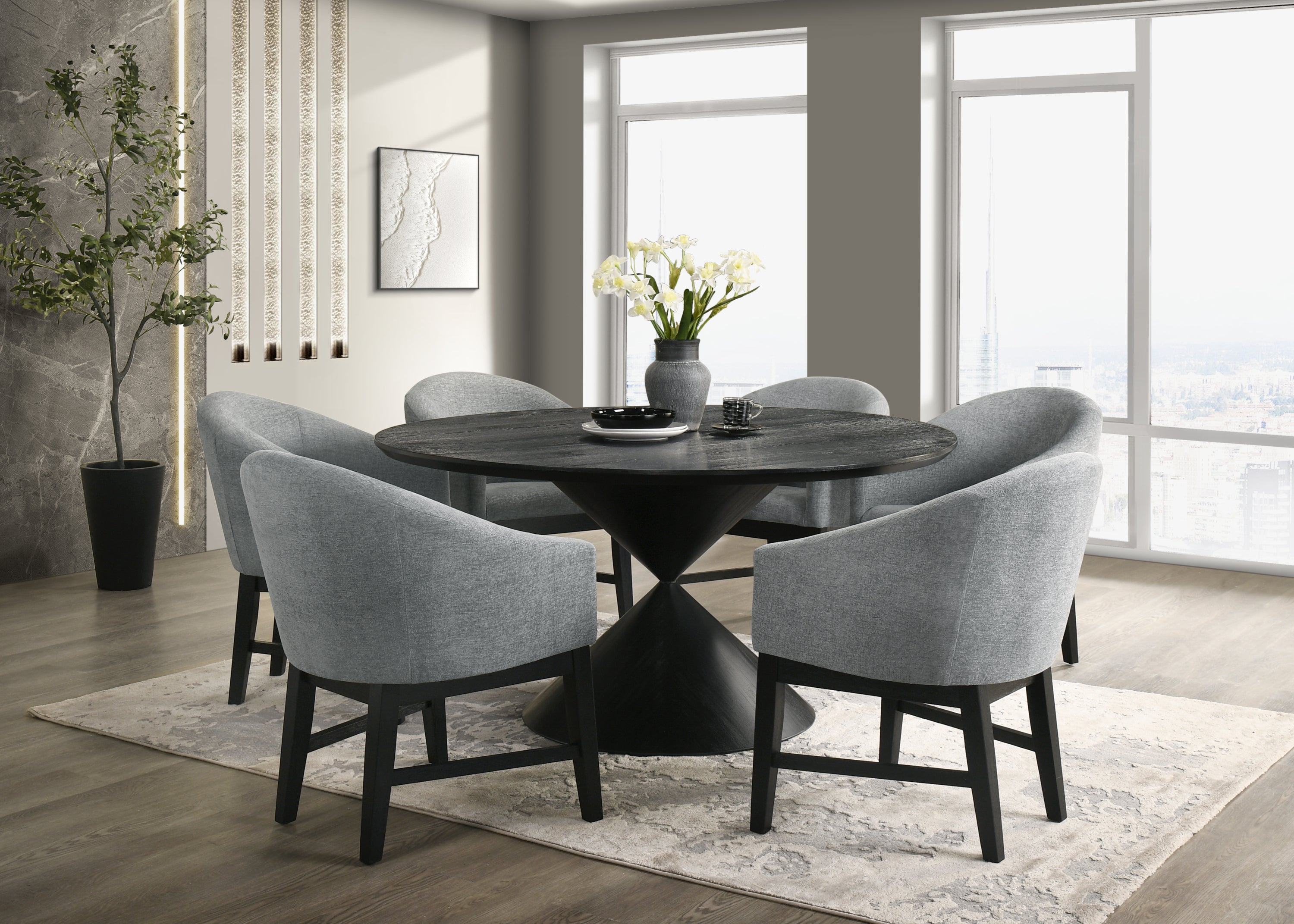 Haven 7Pc Dining Set - Round Ebony features a 59-inch black wood table with modern cone base and six gray barrel chairs in a contemporary dining room.