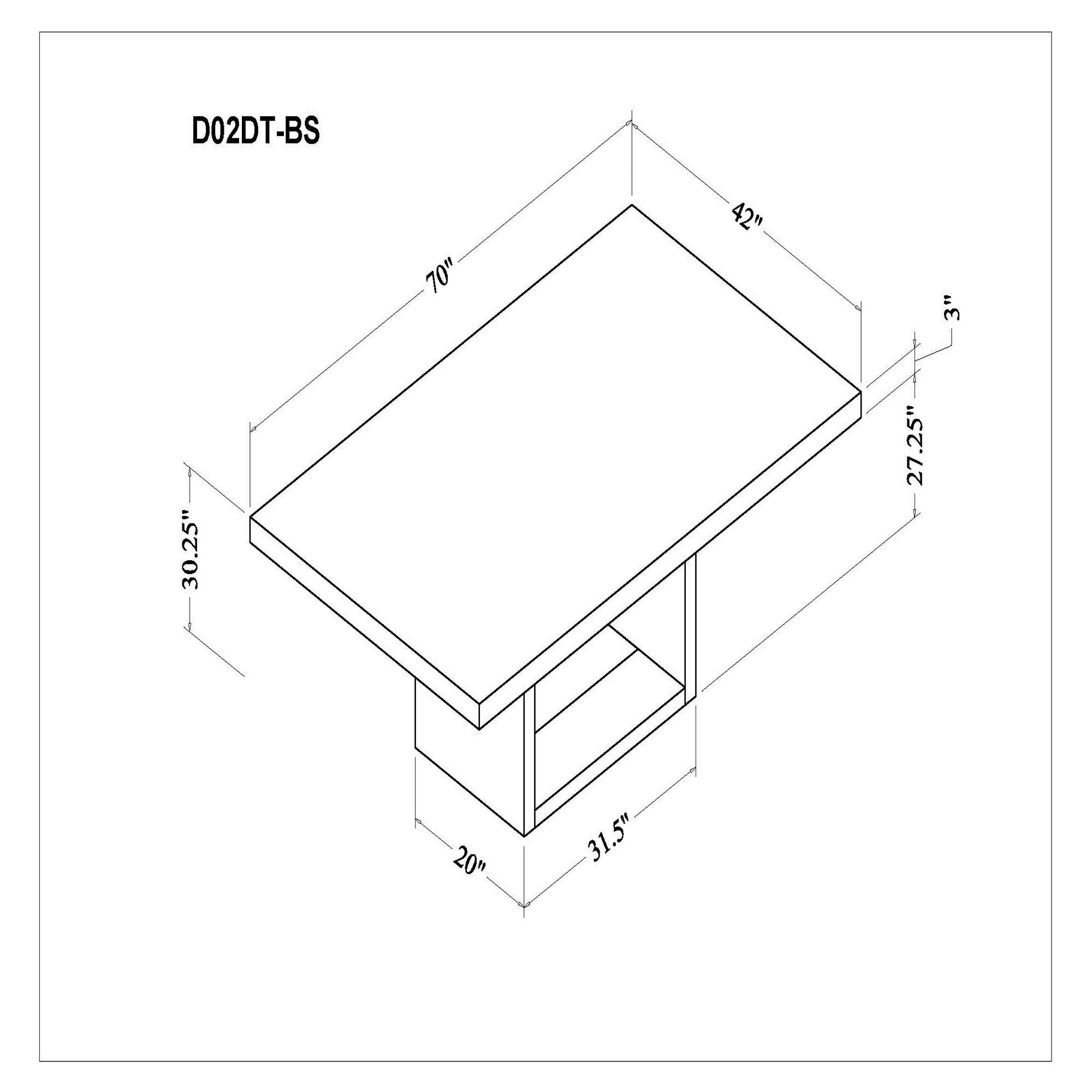 Technical drawing of faux marble dining table with dimensions 70x42 inches and a 30.25-inch height, highlighting pedestal base structure.