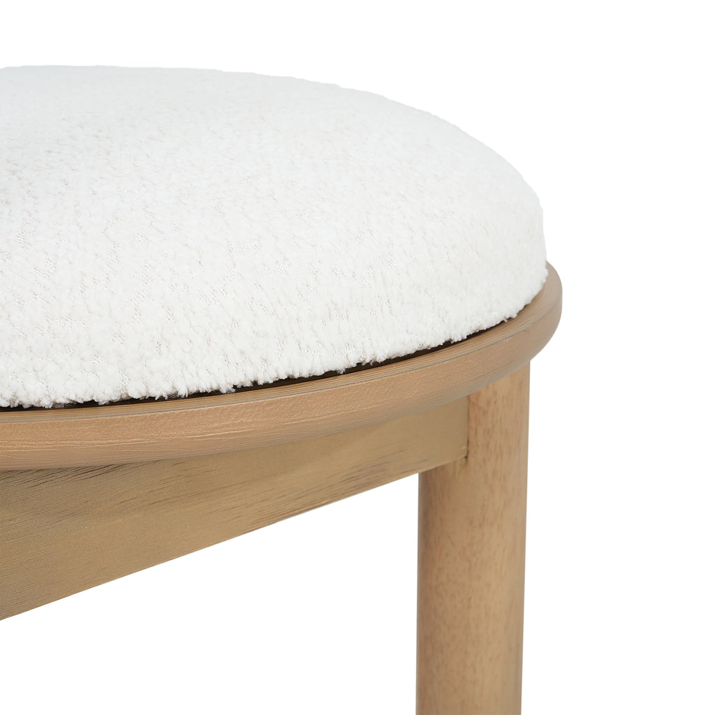 Detail of polyester seat cushion and rounded wood edge, showcasing craftsmanship and comfort.