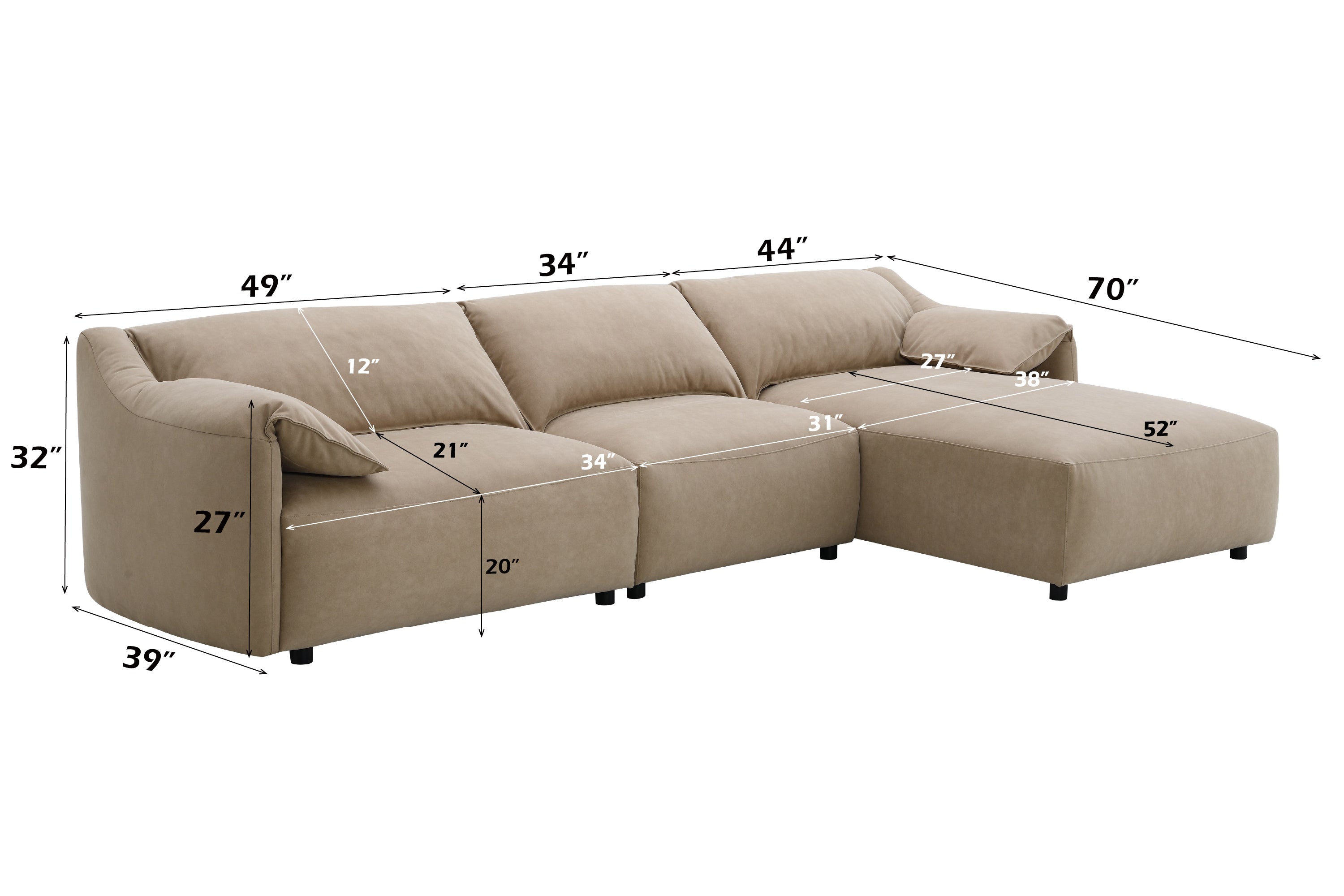Veata Suede Sectional Sofa - Light Brown with detailed dimensions, highlighting spacious seating and chaise lounge configuration.