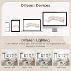 Modular sectional sofa with ottoman shown across different devices and lighting conditions to display color variations.