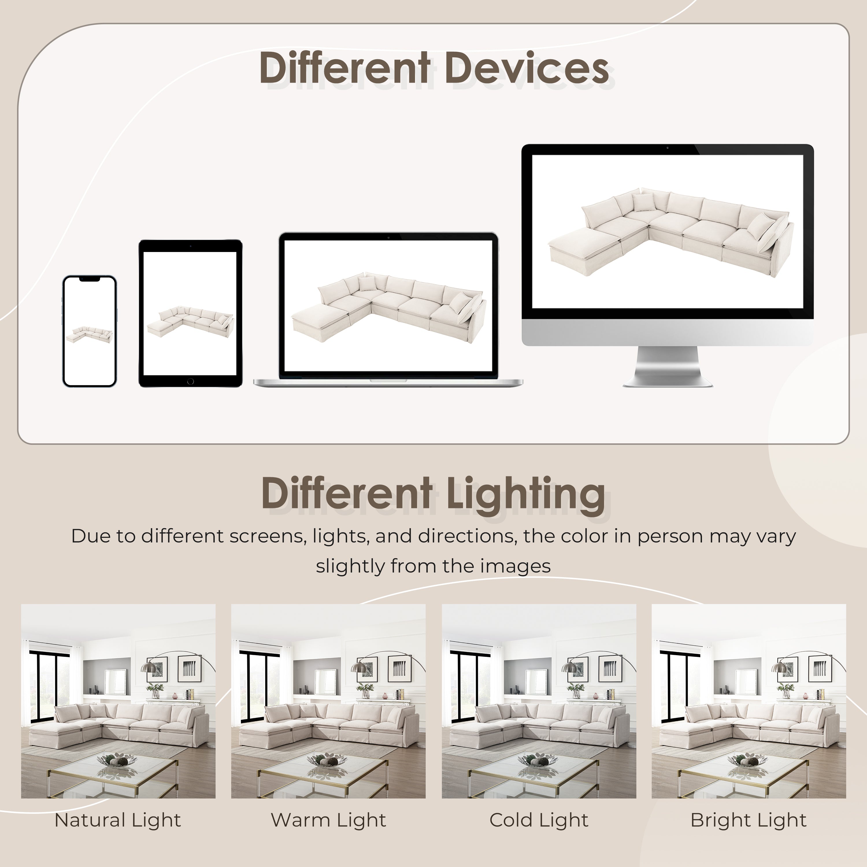 Modular sectional sofa with ottoman shown across different devices and lighting conditions to display color variations.