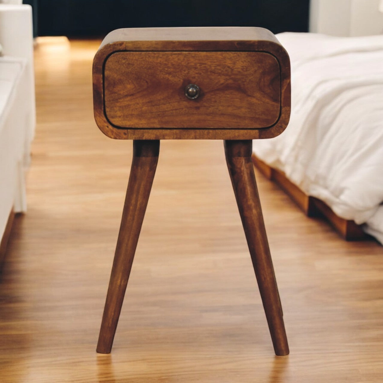 Avora Mini Chestnut Nightstand with 1-Drawer, Nordic Legs, Dark Brown