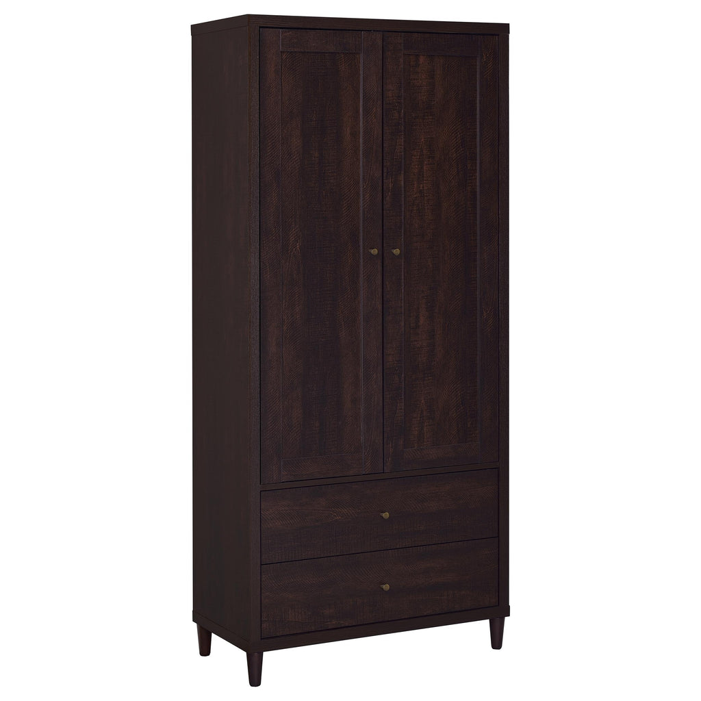 Tall rustic tobacco storage cabinet in engineered wood, featuring two doors and two drawers with small brass-tone pulls.