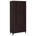 Tall rustic tobacco storage cabinet in engineered wood, featuring two doors and two drawers with small brass-tone pulls.