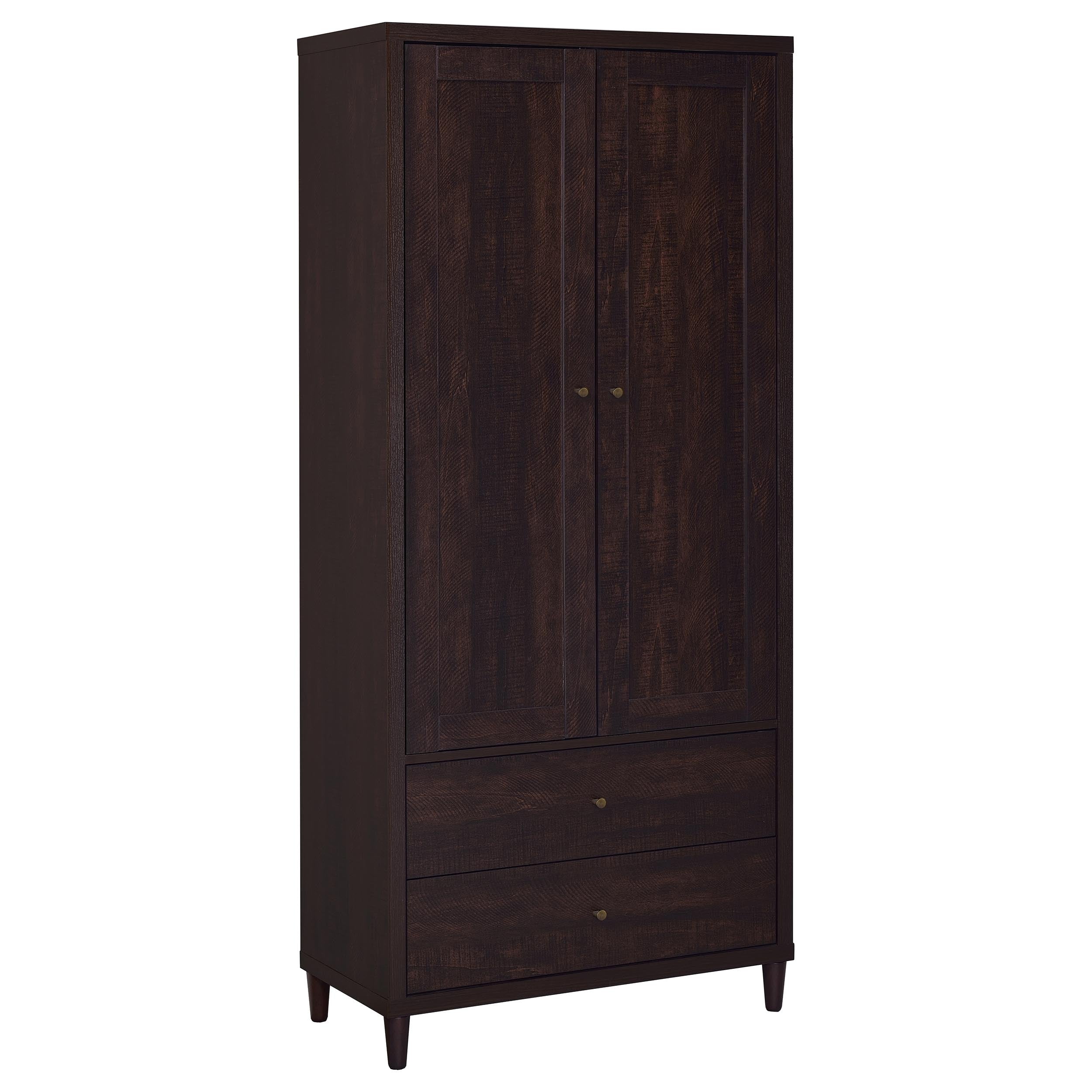 Tall rustic tobacco storage cabinet in engineered wood, featuring two doors and two drawers with small brass-tone pulls.