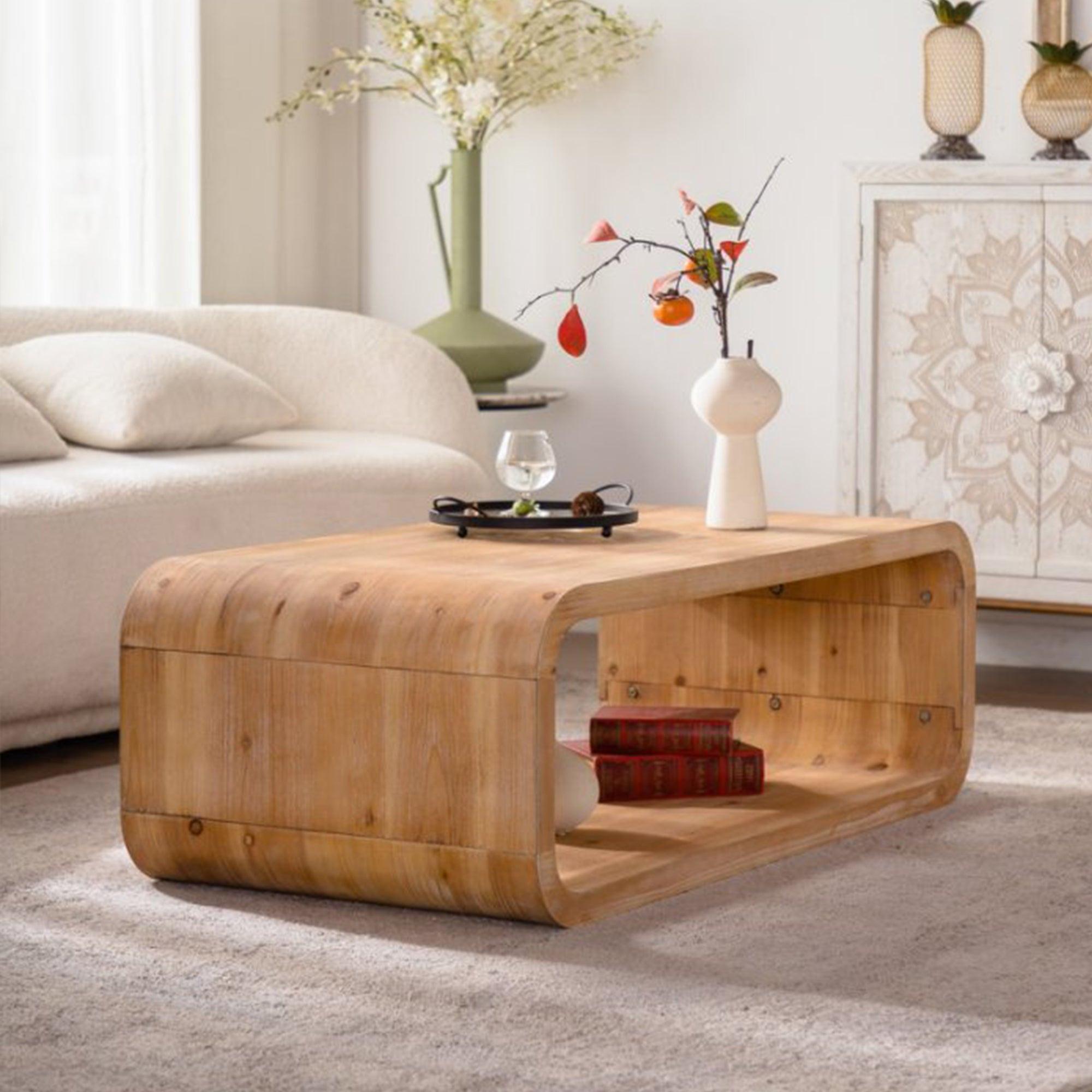 Light Wood Coffee Table with Open Storage for Living Rooms.