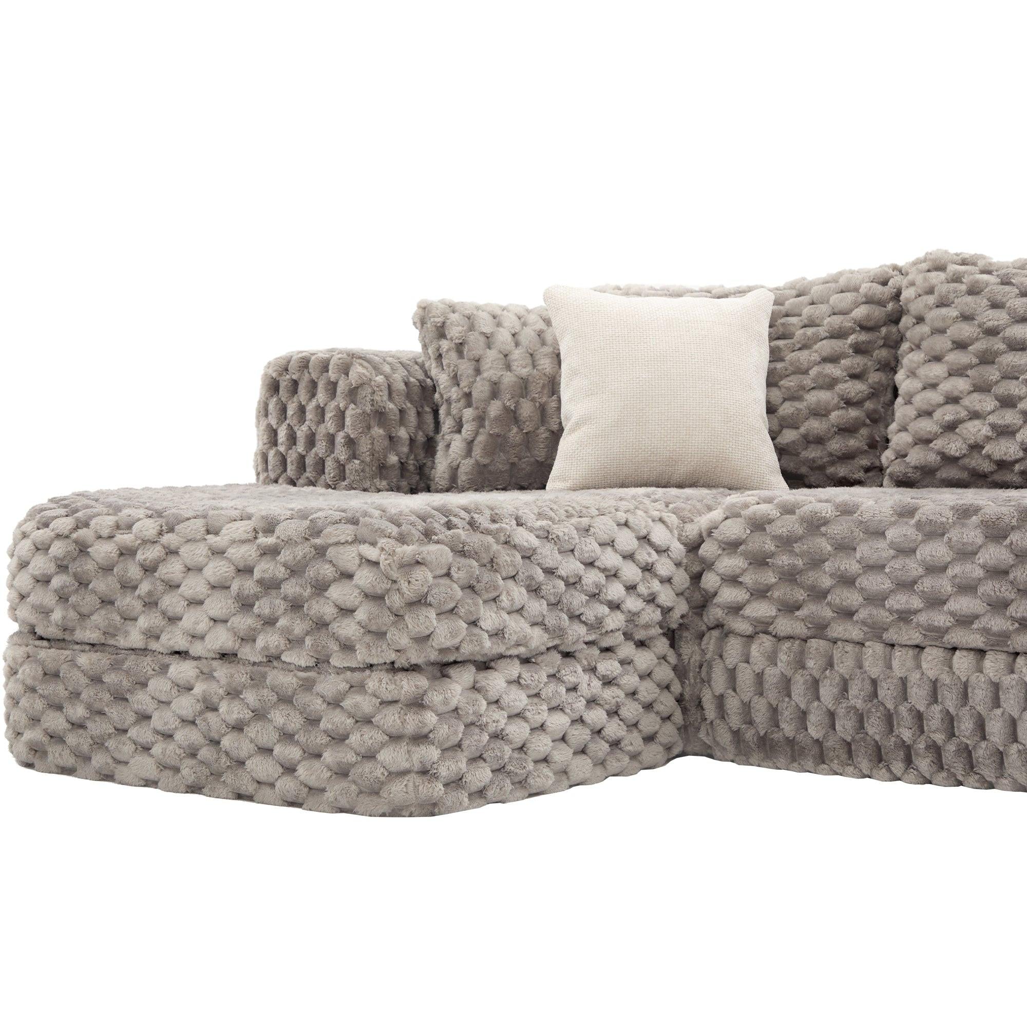 Modular Sectional Sofa Grey Bubble Velvet with Movable Ottomans.