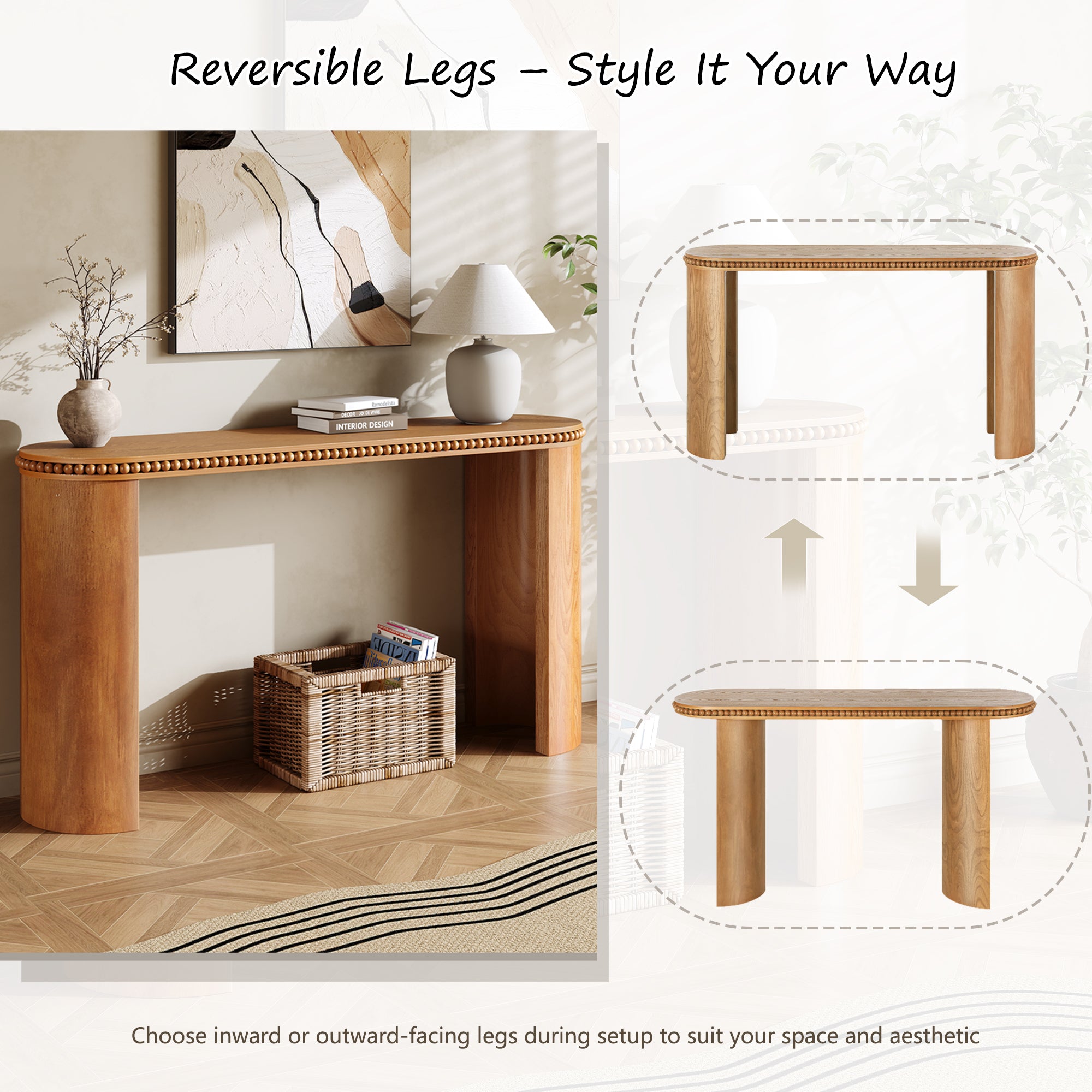 Vintage console table with reversible curved legs shown in two configurations, offering flexible styling for various interior aesthetics.