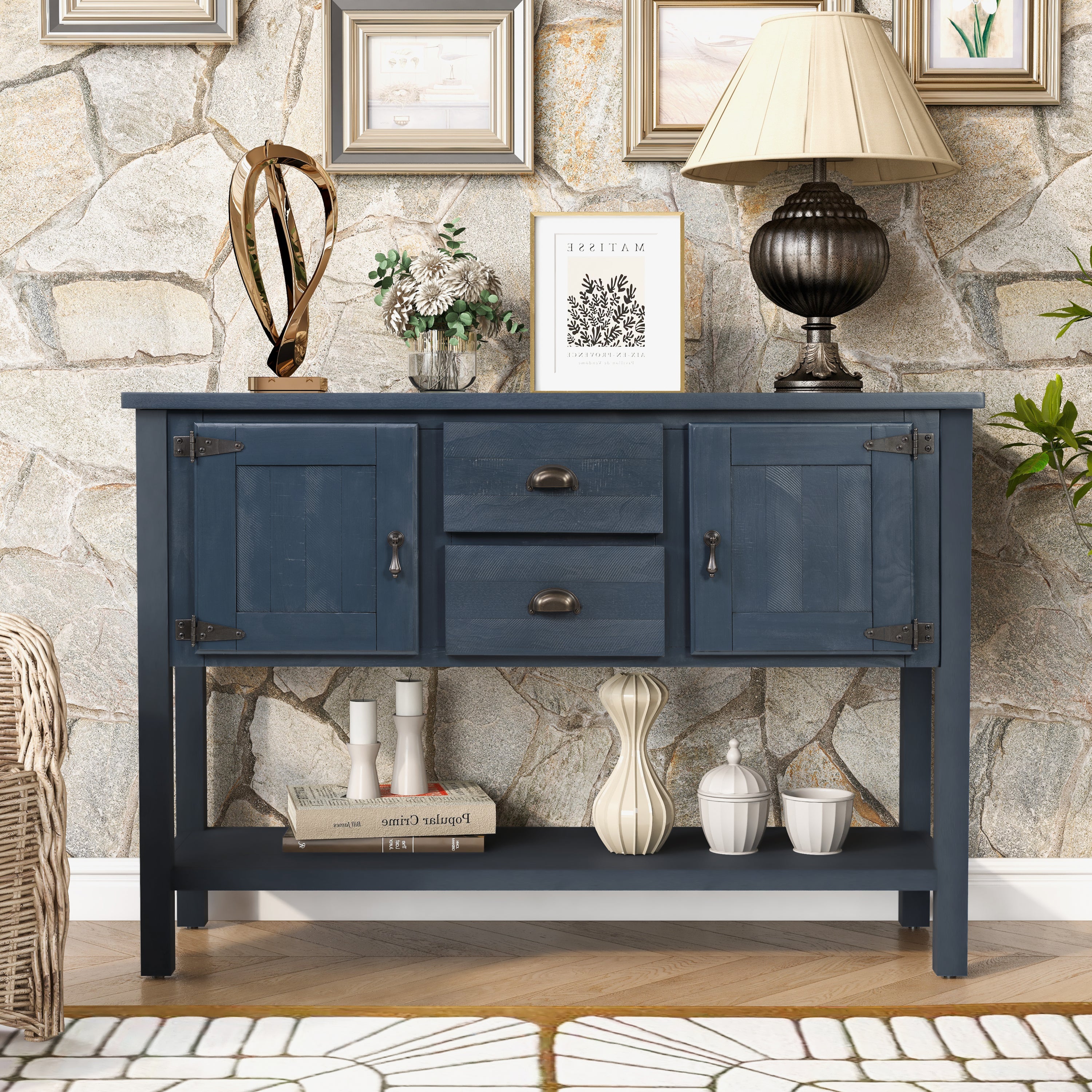 46-Inch Navy Blue Solid Wood Sideboard with Drawers and Cabinet
