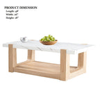 Modern coffee table with faux marble top and wood base, shown with product dimensions: 48'' L x 26'' W x 18'' H.