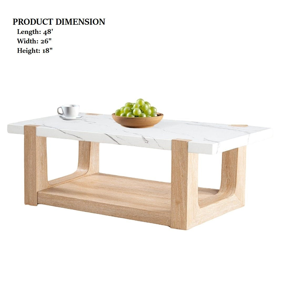 Modern coffee table with faux marble top and wood base, shown with product dimensions: 48'' L x 26'' W x 18'' H.