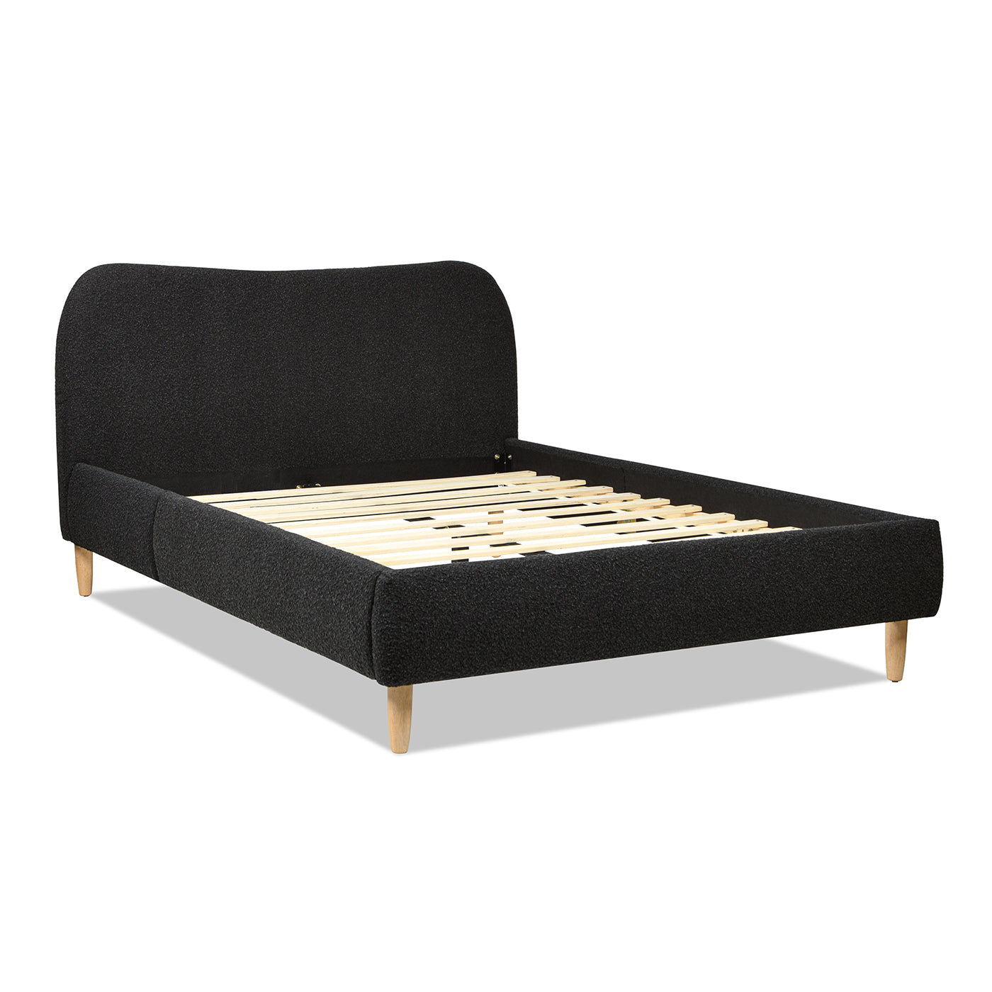 Angled view of Curved Upholstered Platform Bed Queen, Ebony Black Boucle with exposed slats and soft boucle fabric frame.