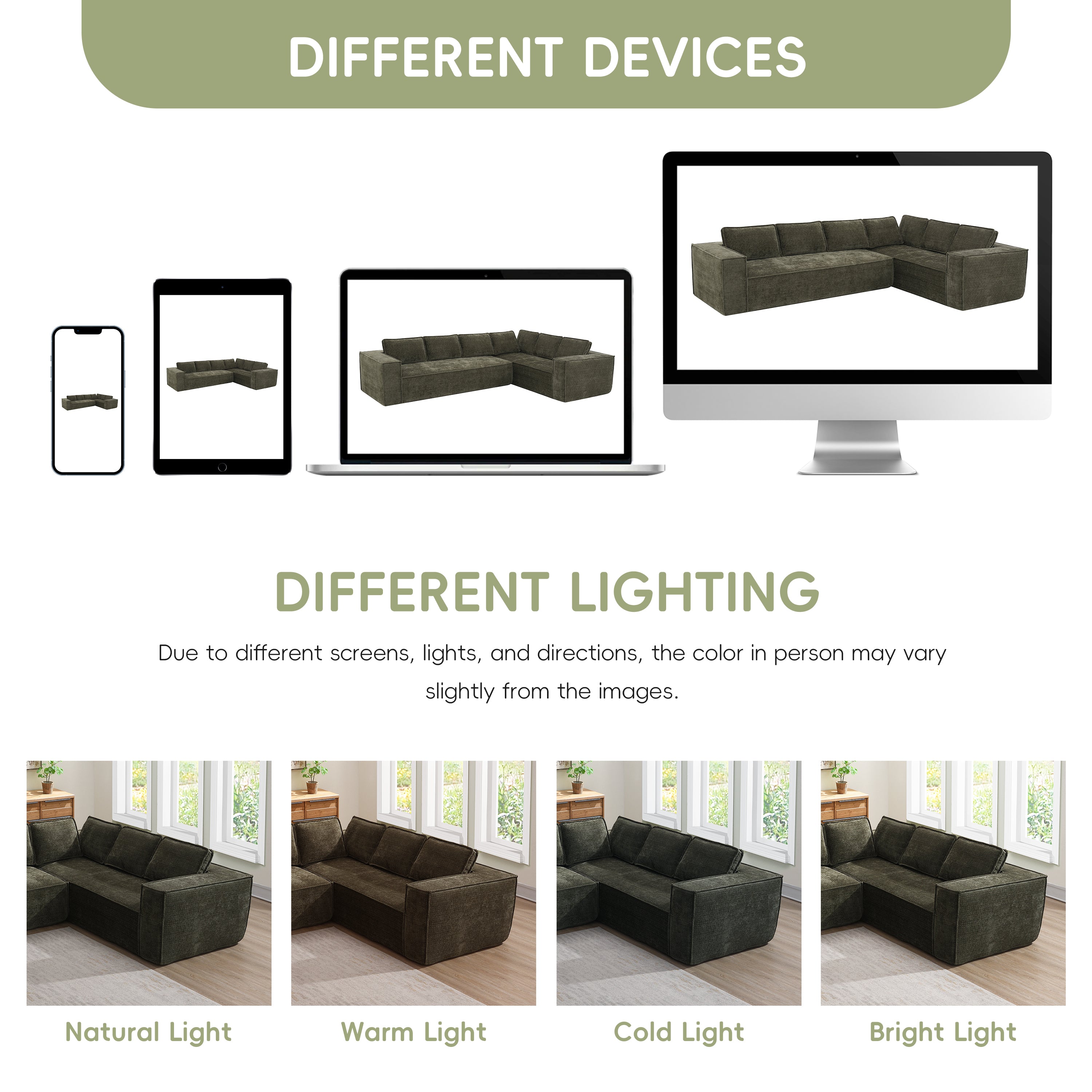 Modular sectional sofa displayed on various devices and lighting conditions, showing color variations under different environments.