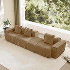 Extended layout of Velvet Modular Sectional Sofa in L shape with ottoman. Flexible seating with no assembly required.