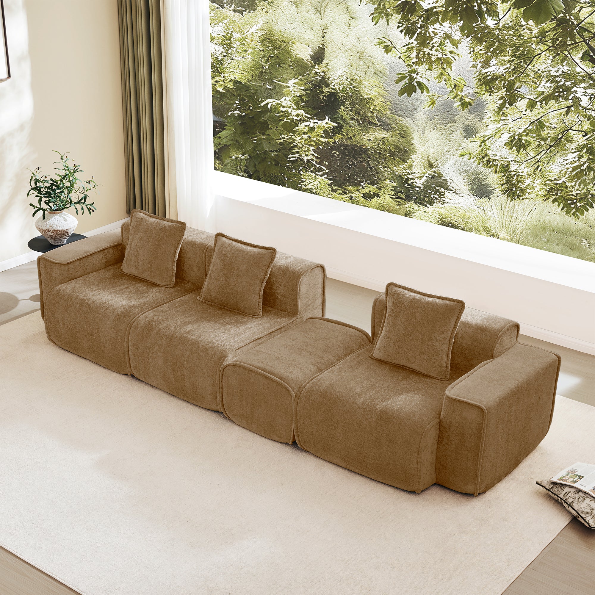 Extended layout of Velvet Modular Sectional Sofa in L shape with ottoman. Flexible seating with no assembly required.