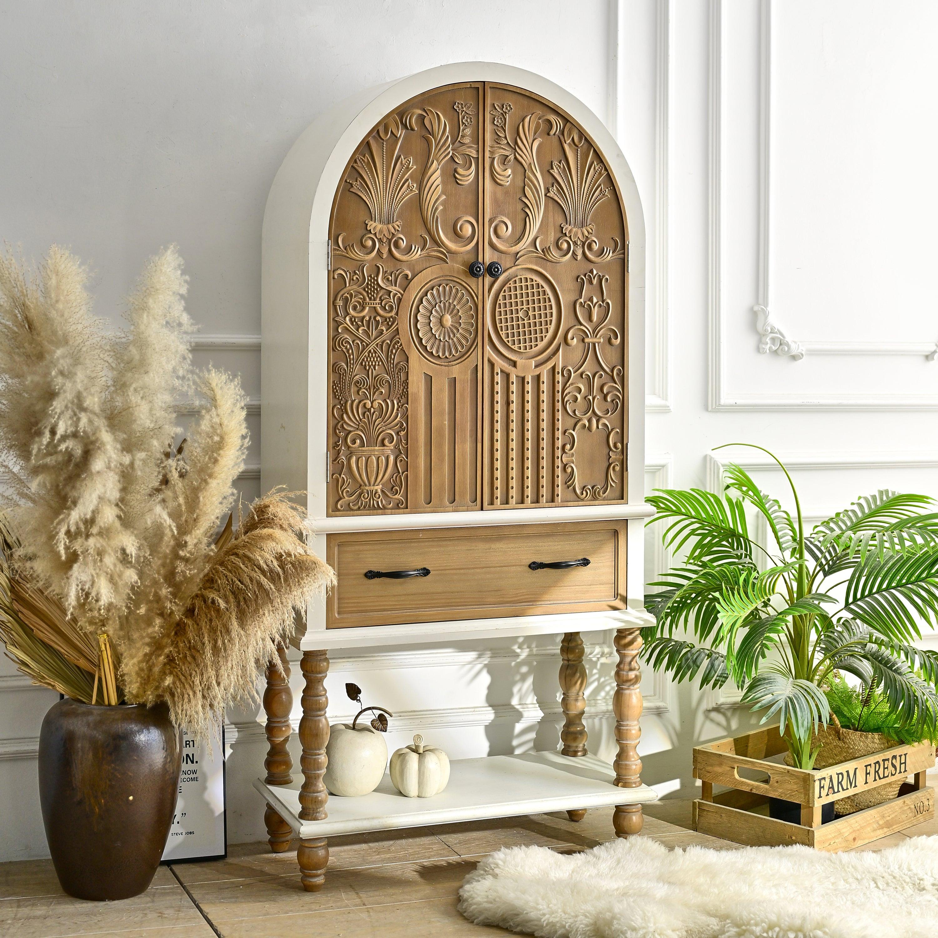Arched Flower Carved Door Cabinet - Elegant Wooden Sideboard.