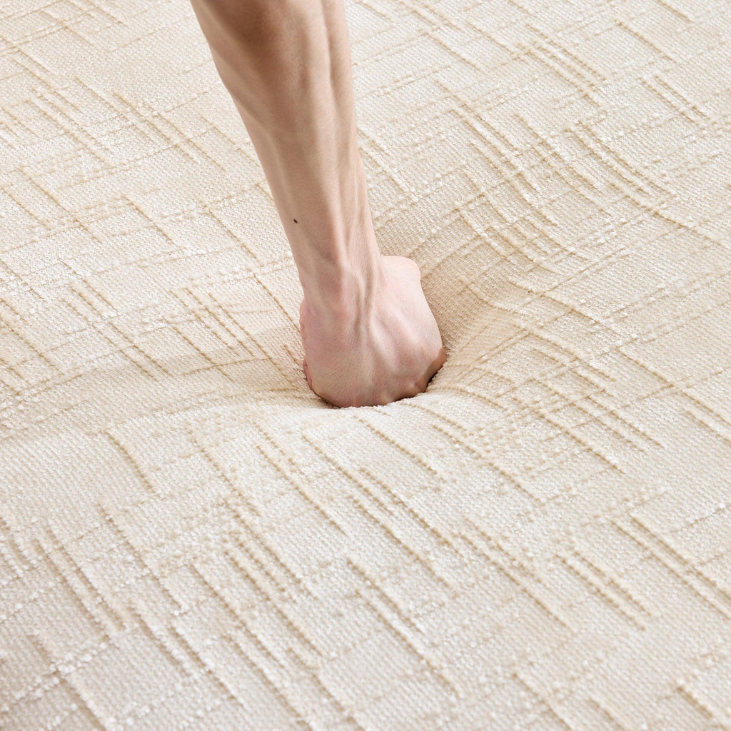 Comfortable Beige Chenille L-Shaped Sofa with Pillows.