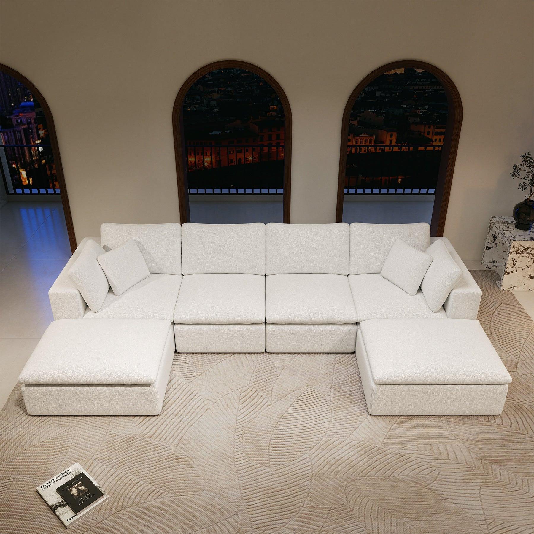 Modular Sectional Sofa - Plush Corduroy Fabric White.