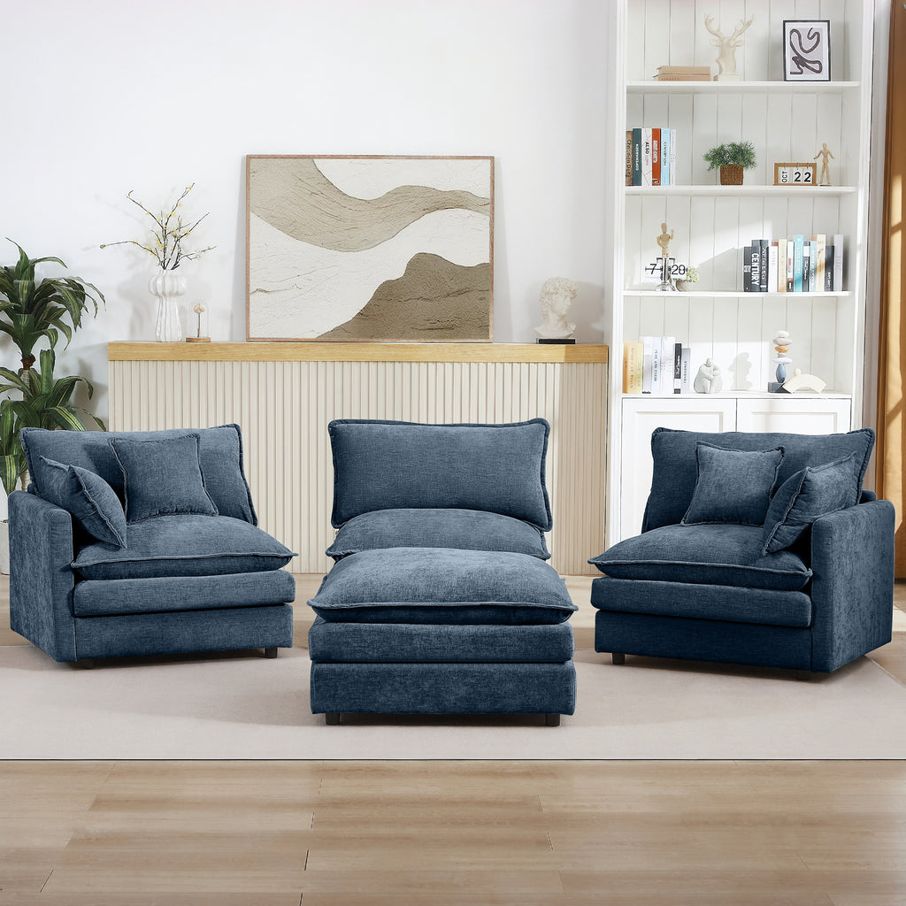Modern Modular Sectional Sofa, 102 Inch L-Shaped Couch with Movable Ottoman, Blue Chenille Upholstery