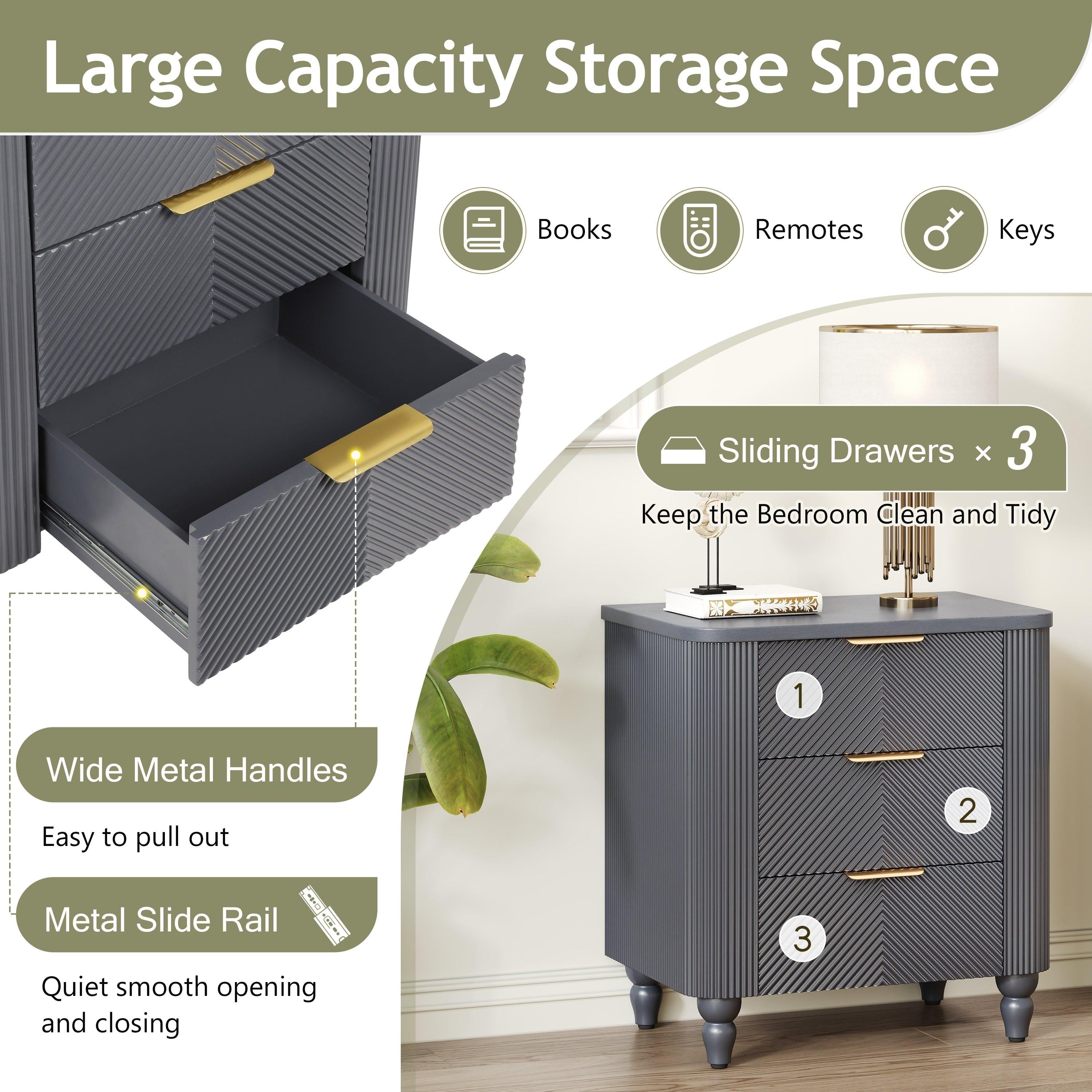 Mid-Century Nightstand with 3 Drawers in Dark Gray.